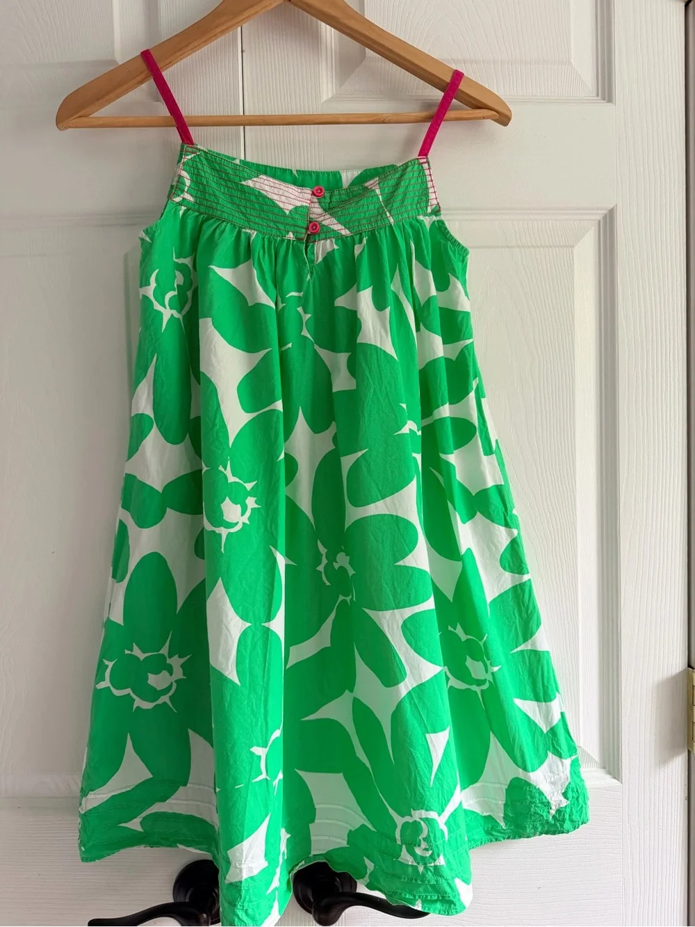 Mini Boden Girls 11-12Y Green White Floral Cotton Sundress Pink Straps